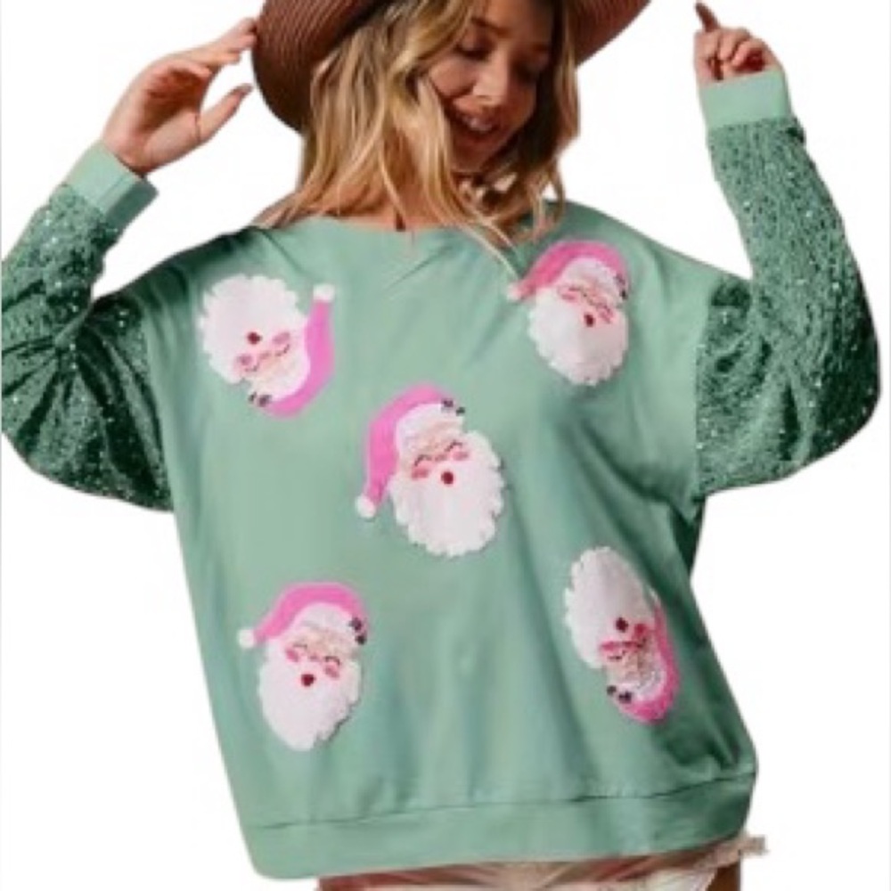 Festive Santa Sweatshirt with Sequin Sleeves